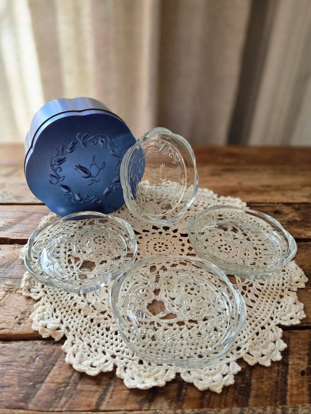 Vintage Princess House Fantasia Glass Coasters Set of 4 in Blue Tin